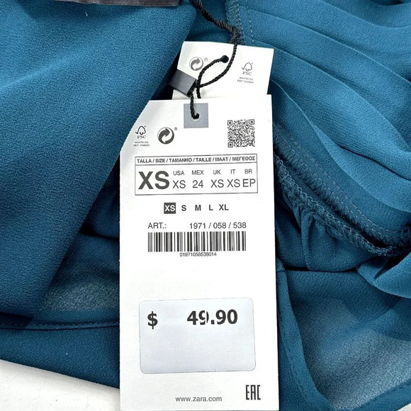 Zara Top Women XS Teal‎ Pleated Ruffle Accents Semi Sheer Business Casual Church - Picture 6 of 7